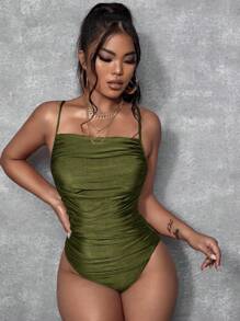 SHEIN SXY Ruched Lace Up Backless Cami Bodysuit - Olive Green - View 4