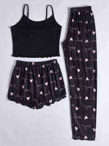 3 件套心形和字母图案生菜边饰睡衣套装/睡衣套装