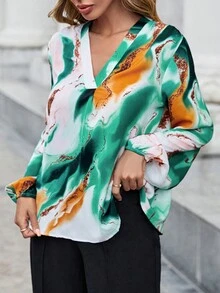 SHEIN Privé Marble Print Lantern Sleeve Blouse - Multicolor - View 5