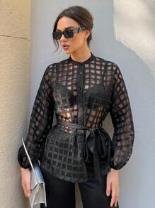 Aloruh Sheer Belted Blouse Without Bra - Black - View 5