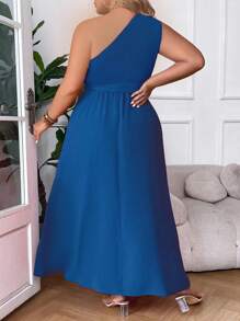 Celure Plus One Shoulder Cut Out Split Thigh Belted Dress - Teal Blue - View 2