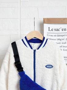 Tween Boy Letter Patched Striped Trim Drop Shoulder Teddy Bomber Jacket & Bag - White - View 3