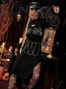 PUNK Vestido de punto Halloween con patrón de esqueleto con abertura de muslo con abertura