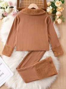 SHEIN 女大童羊絨領口前紐扣T恤和褲子 - 棕色 - 查看 2