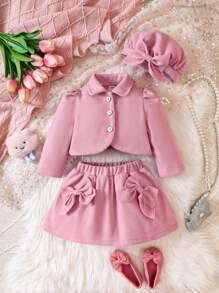 女嬰泡泡袖夾克&前蝴蝶結半身裙&帽 - 粉色 - 查看 1