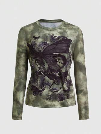 Fairycore Women's Long Sleeve Tie-Dye Butterfly Pattern Form-Fitting T-Shirt, Autumn