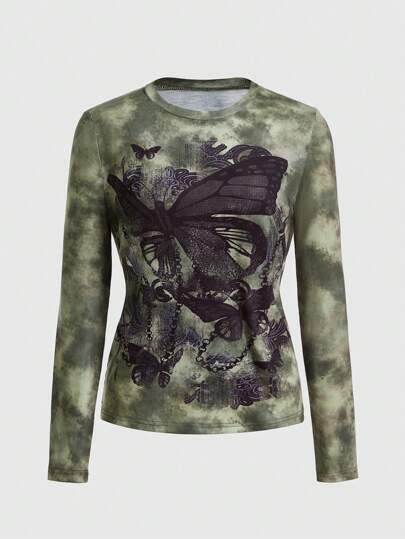 Fairycore Chemise ajustée à manches longues avec motif papillon tie-dye pour femmes, automne