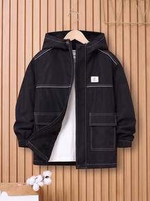 SHEIN Cậu bé Tween Chi tiết Patched thư Khâu trên cùng áo có mũ Lót nhiệt áo Without Tee - màu đen - Xem 7
