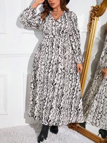 SHEIN LUNE 大碼滿版印花燈籠袖繫腰帶洋裝 - 彩色 - 查看 6