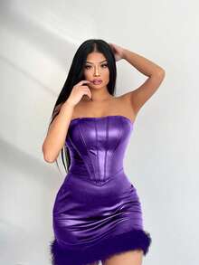 Allurite Fuzzy Trim Patent Tube Bodycon Dress - Purple - View 4
