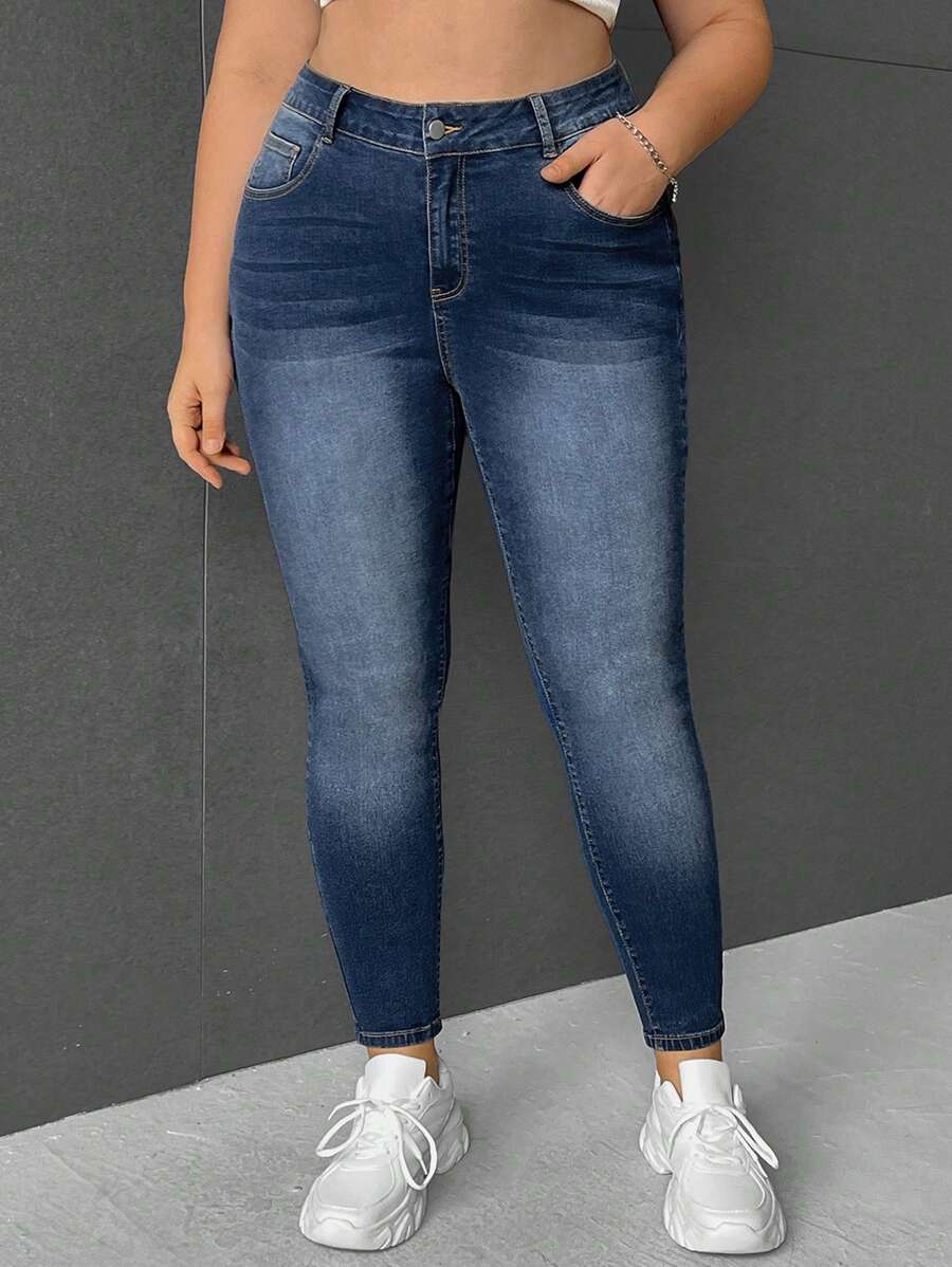 SHEIN EZwear Hơn Cao eo Quần jean ôm - Màu xanh lam - Xem 1