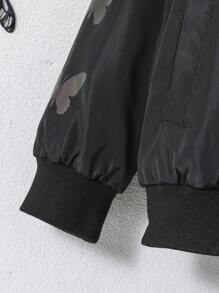 SHEIN Young Girl Butterfly Print Zip Up Bomber Jacket - Black - View 5