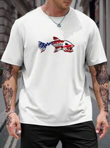 Manfinity Homme 男士大码鯊魚印花T恤 - 白色 - 查看 1