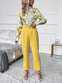 SHEIN Clasi Floral Print Mock Neck Blouse & Belted Pants - Yellow - View 3