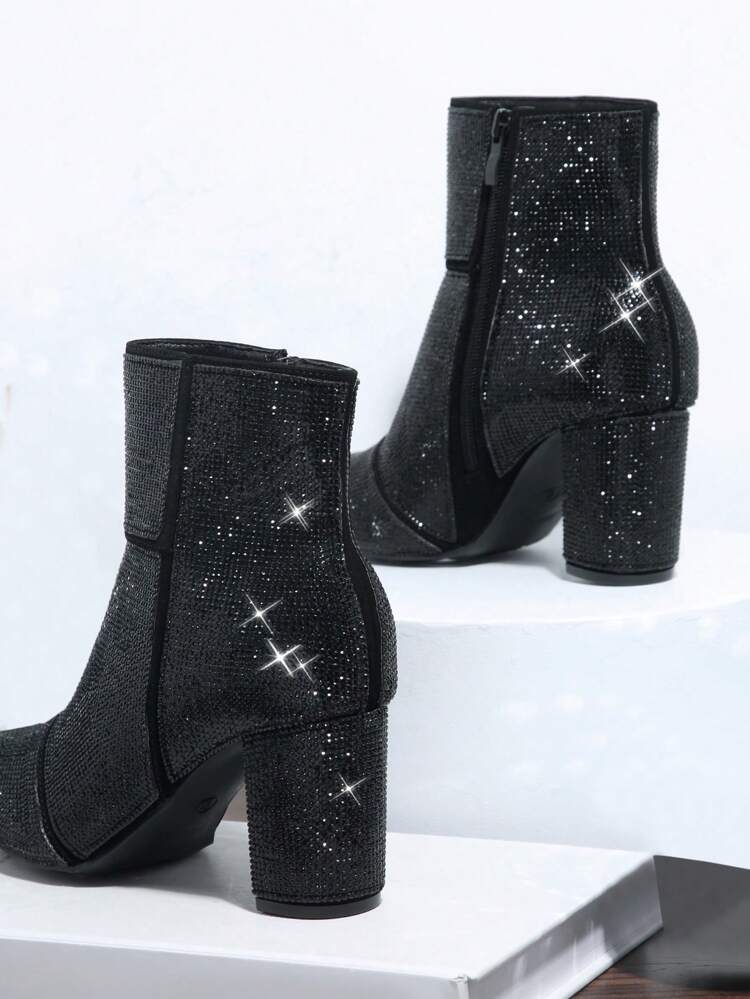 Bestseller Women's Bling Rhinestone Black Chunky Heel Short Point-Toe Boots:Tayler Swit Inspired,Eye-Catching Luxury,Mysterious Elegance