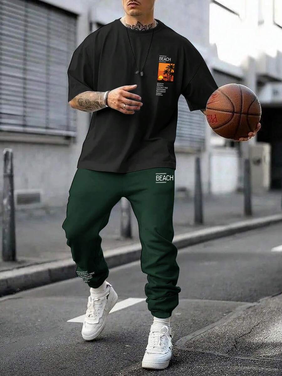 Manfinity Homme Nam Đồ họa Khẩu hiệu Áo thun & Eo dây rút Quần thể thao - Nhiều màu - Xem 1