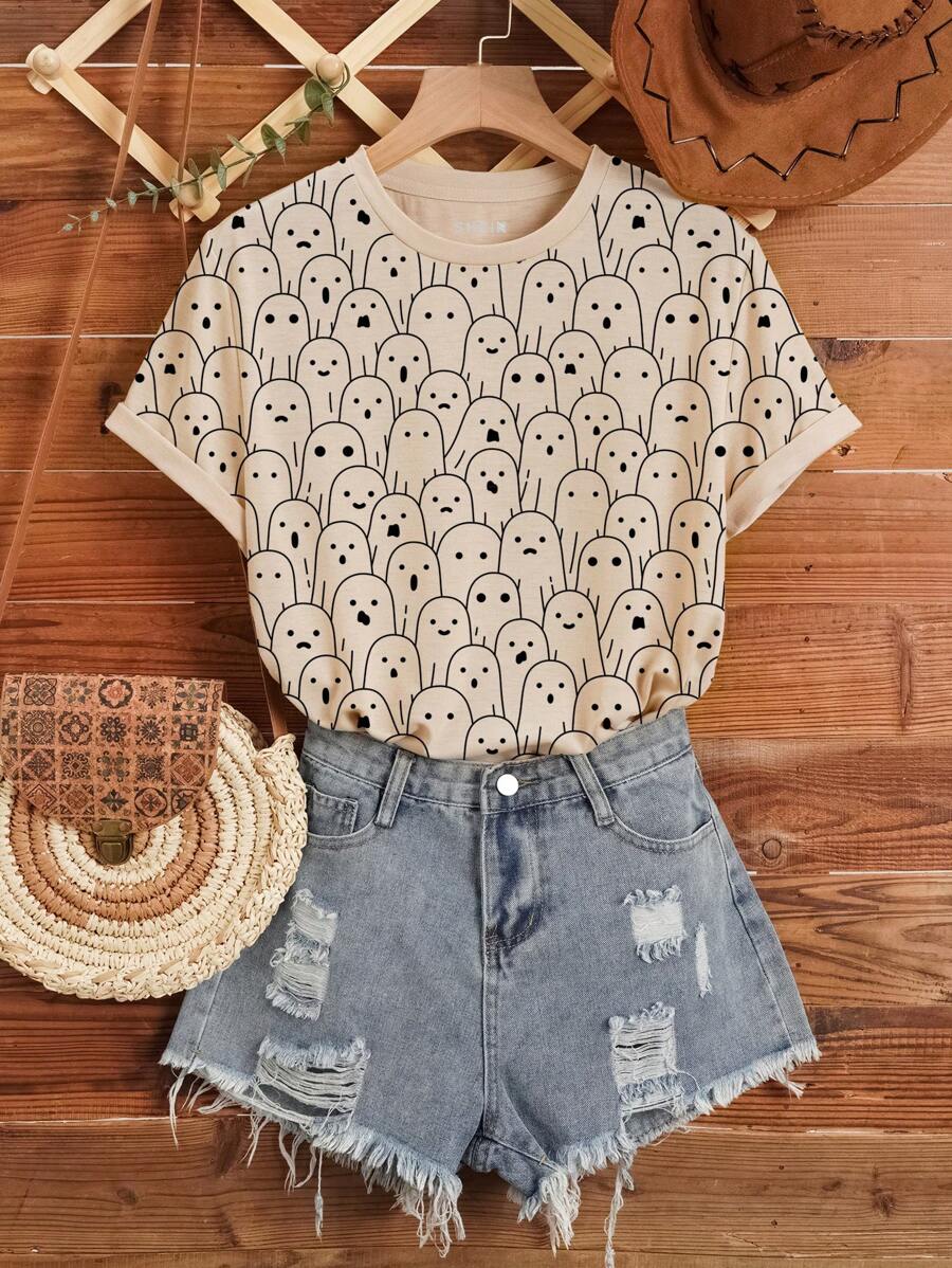 INAWLY Áo thun in họa tiết Allover Áo thun nữ - Màu Khaki - Xem 1