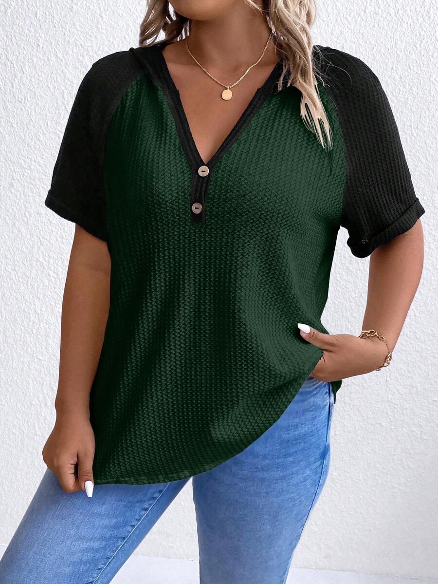 SHEIN LUNE Hơn Khối màu Tay Raglan Dệt kim Waffle Áo thun - Nhiều màu - Xem 1
