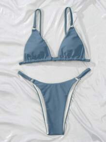 SHEIN Swim 夏季沙灘三角丁字褲比基尼套裝 - 霧霾藍 - 查看 3