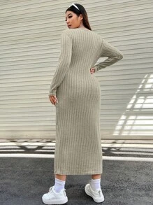 SHEIN EZwear Plus Button Through Ribbed Knit Dress - Khaki - View 2