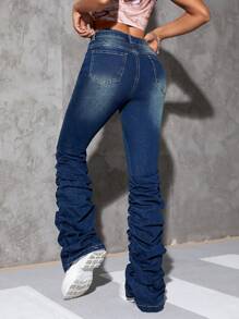 SHEIN ICON Flare Leg Stacked Jeans - Dark Wash - View 2