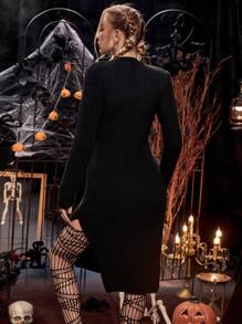 PUNK Vestido de punto Halloween con patrón de esqueleto con abertura de muslo con abertura