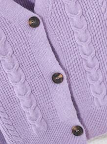 SHEIN Thiếu niên cô gái Chất rắn Nút phía trước Thả vai Áo len Mở - Màu tím - Xem 5