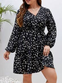 SHEIN Frenchy Hơn In Toàn bộ Tay áo lồng đèn Đầm - màu đen - Xem 5