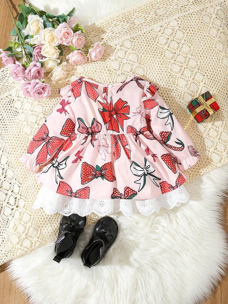 Baby Girl Bow Front Flare Sleeve Contrast Lace Hem Dress