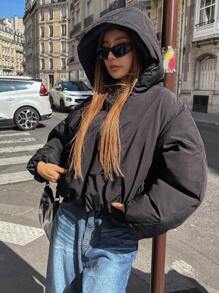 DAZY Zip Up Drawstring Hem Crop Padded Thick Pockets Coat, Women Winter Coat Jacket - Black - View 5