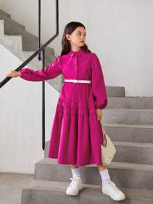 SHEIN Chica preadolescente Vestido camisero de manga farol bajo con fruncido - Rosa Fucsia - Ver 4