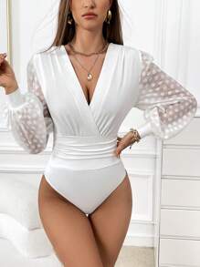 SHEIN Privé 燈籠袖深V領抽褶腰連身背心 - 白色 - 查看 6