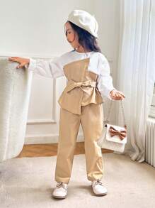 SHEIN Young Girl Colorblock Belted Drop Shoulder Blouse & Pants - Multicolor - View 4