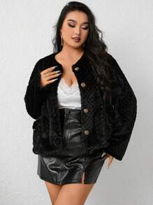 SHEIN BAE Áo khoác ngoài thường ngày bằng lông nhân tạo màu trơn cỡ lớn cho mùa thu/đông - màu đen - Xem 3