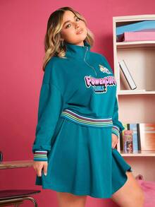 THE POWERPUFF GIRLS X SHEIN 大碼字母圖案落肩袖套頭衫&半身裙 - 綠色 - 查看 5