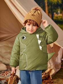 SHEIN Young Boy Cartoon Dinosaur 3D Patched Design Hooded Padded Coat - Army Green - View 4