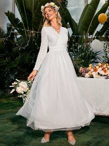 Simplee Women's Mesh Lace Stitching Elegant Dress, Wedding Dress, Spring Style, Bridal Shower Dress,Bride - White - View 6