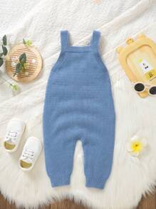 SHEIN Baby Boy Button Detail Cable Knit Jumpsuit Without Sweater Baby Sweater Romperbaby Winter Romper - Blue - View 2
