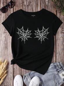 SHEIN LUNE Halloween In mạng nhện Áo thun - màu đen - Xem 1