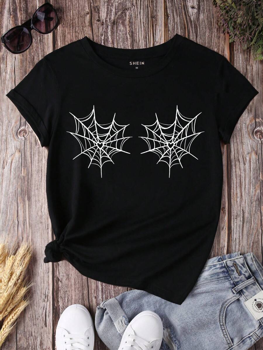 SHEIN LUNE Halloween In mạng nhện Áo thun - màu đen - Xem 1