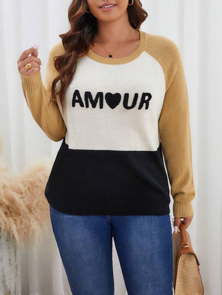 Plus Letter Pattern Colorblock Raglan Sleeve Sweater