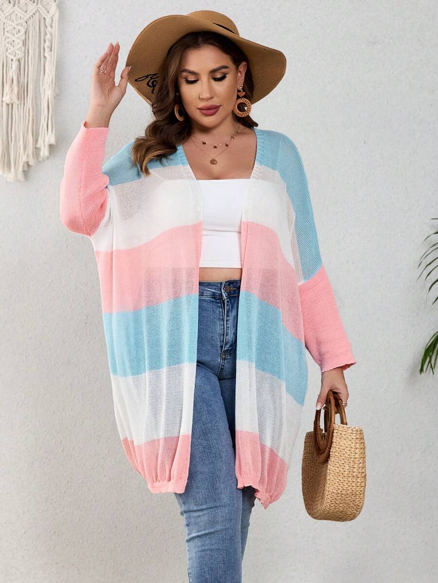 SHEIN VCAY Plus Color Block Drop Shoulder Duster Cardigan - Multicolor - View 1