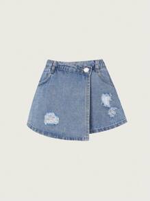 Tween dziewczynka Podarte Zwinięty rąbek Jeansowe Spódnico-Spodnie - Średni jeans - Zobacz 1