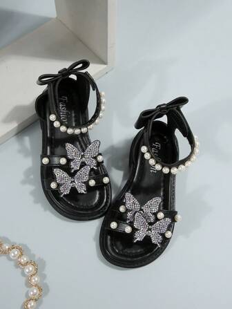 女孩水鑽蝴蝶和人造珍珠裝飾派對踝帶平底涼鞋適合夏天