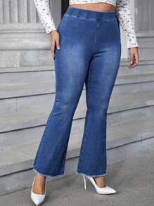 SHEIN Privé Talla grande Jeans de pierna amplia ribete sin dobladillo - Azul lavado medio - Ver 3