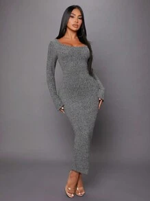 SHEIN SXY 鏤空領口肋編貼身長袖連身裙,派對聚會穿搭、性感時尚生日禮服、情人節派對裝、單身派對裝、春季穿搭 - 灰色 - 查看 1