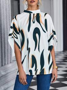 SHEIN Clasi 圖案印花蝙蝠袖小高領襯衫 - 彩色 - 查看 6