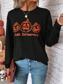 SHEIN LUNE Halloween Print Drop Shoulder Sweatshirt - Black - View 6