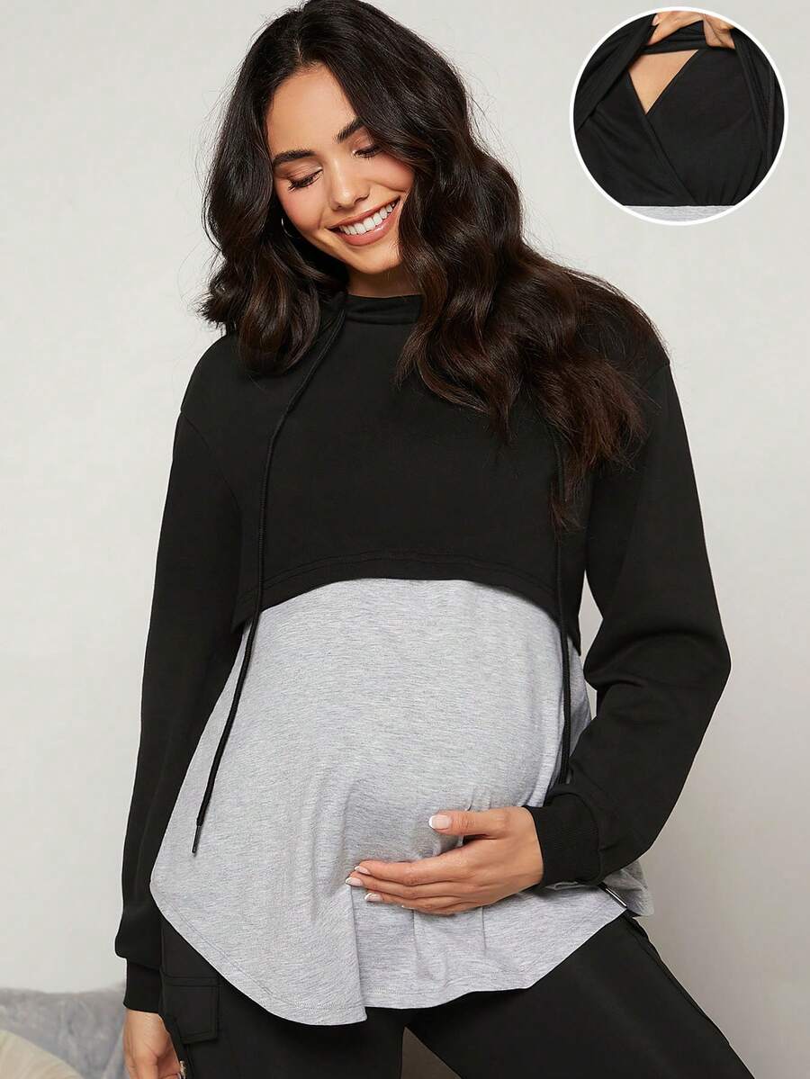 SHEIN Thai sản Dây rút Khối màu Điều dưỡng Hoodie - Nhiều màu - Xem 1