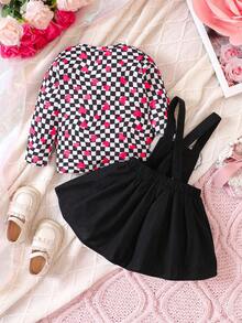 Baby Girl Checker & Heart Print Tee & Overall Dress - Multicolor - View 2